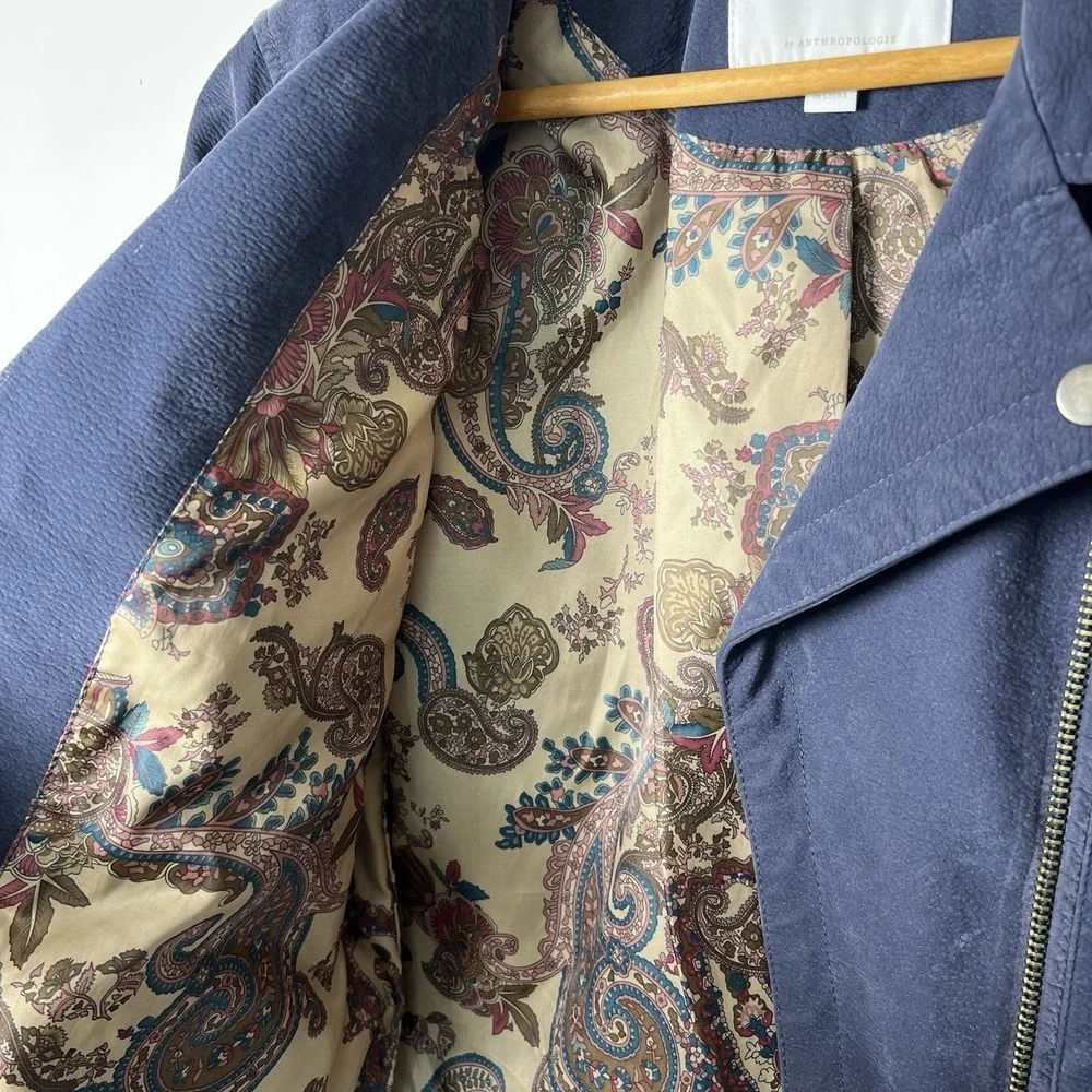 Anthropologie Women's Coat Small Biddle Moto Jacket Navy Suede Zip Lined Paisley